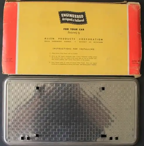 Allen-Allen-Products Nummernschild-Platte - No-Mar Deluxe Universal - Blech verchromt 1954 in Originalbox