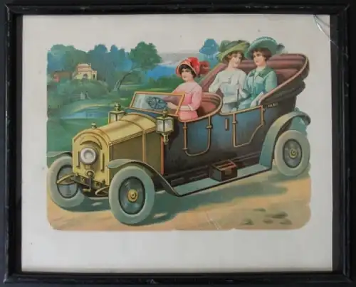 Automobil-Motiv Deko-Glanzbild gerahmt 1929 mit Widmung