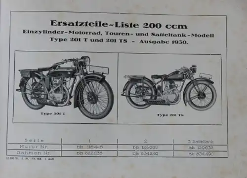 NSU Einzylinder-Motorrad 201 TS Ersatzteil-Liste mit Preisliste 1930