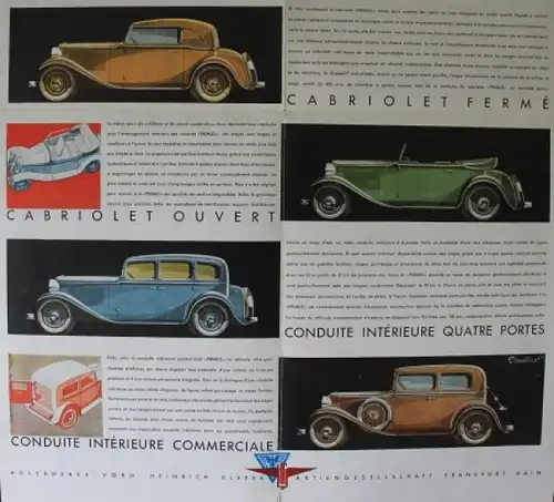 Adler Primus 9 CV Modellprogramm 1933 Reuters-Zeichnungen Automobilprospekt