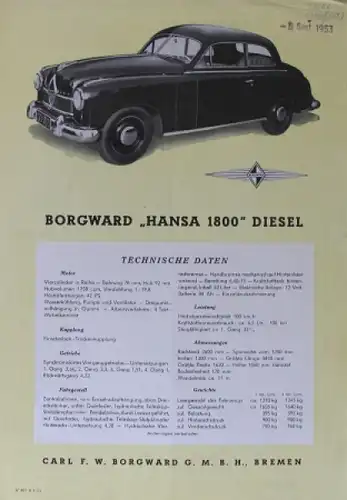 Borgward Hansa 1800 Diesel 1953 Automobilprospekt