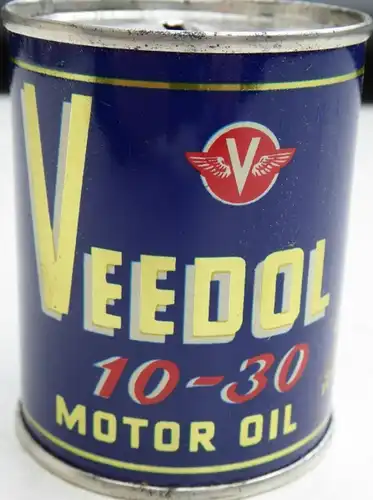 Veedol Werbespardose &quot;10-30 Motor Oil&quot; in Form einer Oeldose mit Pin-up-Motiv 1960