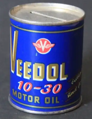 Veedol Werbespardose &quot;10-30 Motor Oil&quot; in Form einer Oeldose mit Pin-up-Motiv 1960