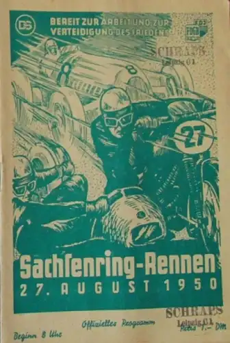&quot;Sachsenring Rennen Hohenstein&quot; August 1950 Rennprogramm