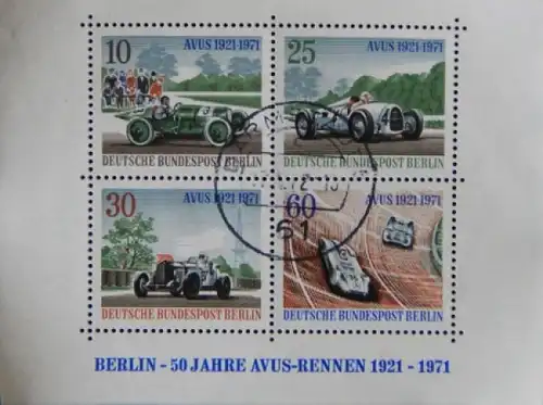 Automobil-Rennsport &quot;Berlin - 50 Jahre Avus-Rennen&quot; Sonderbriefmarkenblock 1971