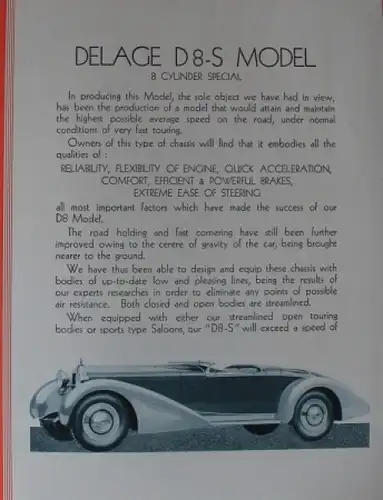 Delage D8 S Modellprogramm 1932 Automobilprospekt