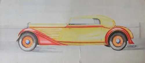 Adler Cabriolet 1931 Aquarell Entwurfzeichnung von W. Wüst auf Karton