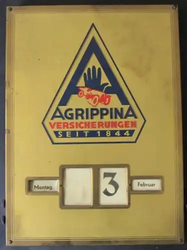 Agrippina Versicherungen Dauer-Werbekalender 1924 Glas-Messing