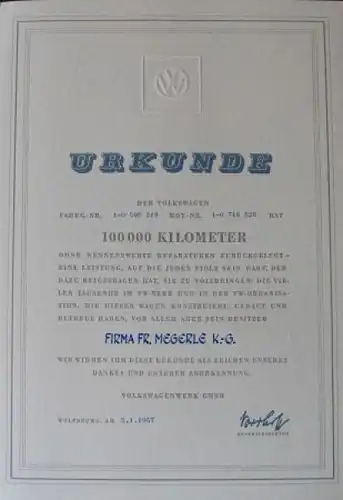 Volkswagen 100.000 KM Urkunde mit VW-Anschreiben und Mappe 1957