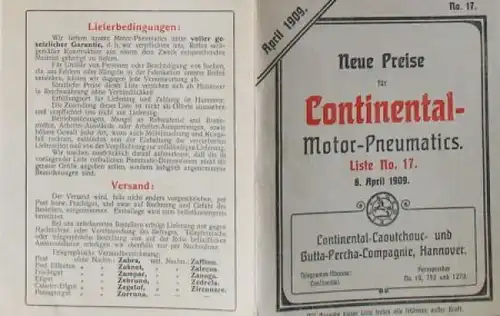 Continental Reifen Motor-Pneumatic Prospekt, Preisliste, Anschreiben 1909