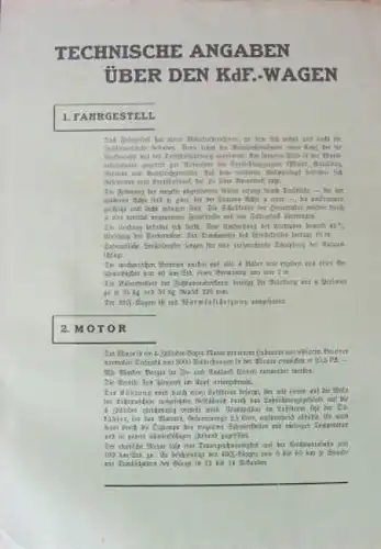 Volkswagen KdF &quot;Technische Angaben&quot; 1938 Automobilprospekt