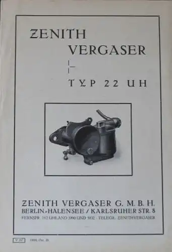 Zenith Vergaser Typ 22 UH 1929 Zubehörprospekt