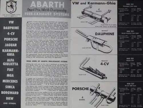 Abarth Auspuff-Anlagen &quot;Free-Exhaust System - Proved in Competition&quot; 1958 Zubehör-Prospekt
