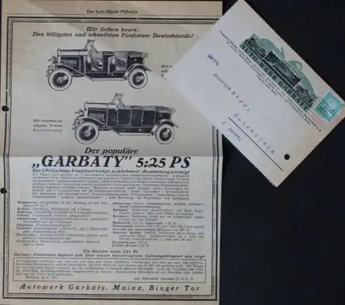Garbaty Autowerke 5/25 PS Werbeanzeige und Postkarte 1925