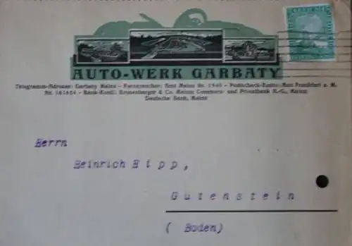 Garbaty Autowerke 5/25 PS Werbeanzeige und Postkarte 1925