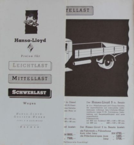 HansaLloyd Dieselpreisliste 1938 LastwagenProspek Nr