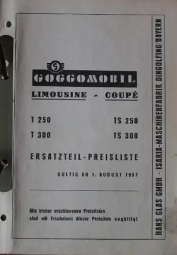 Glas Goggomobil T 250 - T 300 Ersatzteil-Katalog 1957