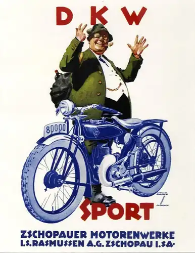 DKW Sport Motorrad Zschopauer Motorenwerke 1928 Hohlwein original Plakat