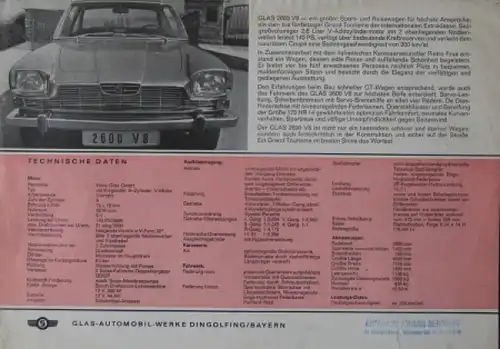 Glas 2600 V8 Modellprogramm 1966 Automobilprospekt (8659)