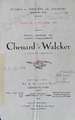 Chenard & Walker Modellprogramm 1927 Automobilprospekt (8704)