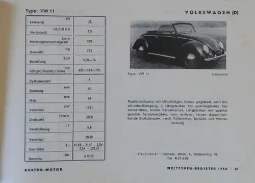 Austro Motor "Welttypenregister 1950" Fahrzeug-Jahrbuch (9618)
