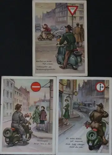 Motorrad-Postkarten 1955 drei Verkehrs-Richtzeichen (2563)