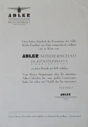 Adler Automobile Modellprogramm 1938 "Sonderschau Wien" Automobilprospekt (3206)