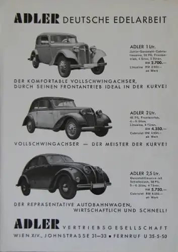Adler Automobile Modellprogramm 1938 "Sonderschau Wien" Automobilprospekt (3206)