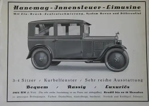 Hanomag Innensteuer-Limusine Modellprogramm 1926 Automobilprospekt (3213)