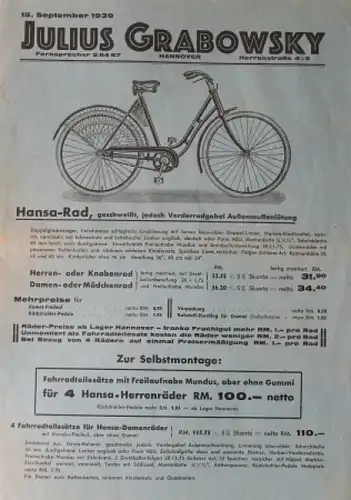 Hansa-Fahrrad Modellprogramm 1939 "Julius Grabowsky" Fahrradprospekt (3540)