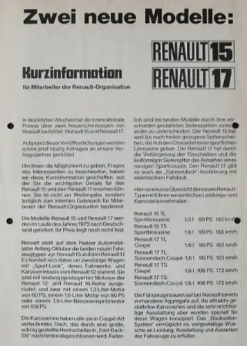 Renault 15 - 17 Modellprogramm 1972 Automobilprospekt (3565)