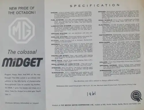 MG Midget Cabriolet Modellprogramm 1961 Automobilprospekt (4121)