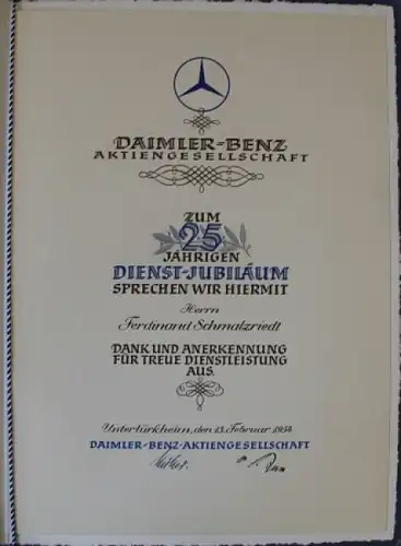 Mercedes-Benz Urkunde 1954 "25jähriges Dienstjubiläum Daimler-Benz" (5126)