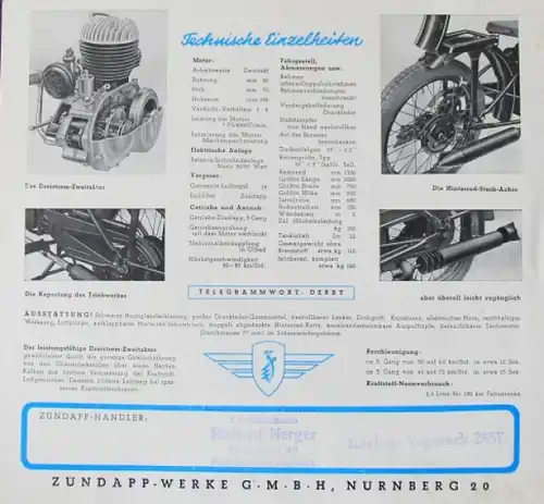 Zündapp DB 200 Modellprogramm 1939 Motorradprospekt (5615)