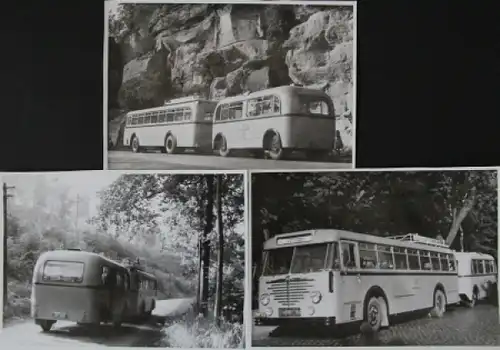 Büssing-NAG Bus mit Spezialanhänger Deutsche Post auf Reisen durch den Harz 1955 drei Originalfotos (5759)