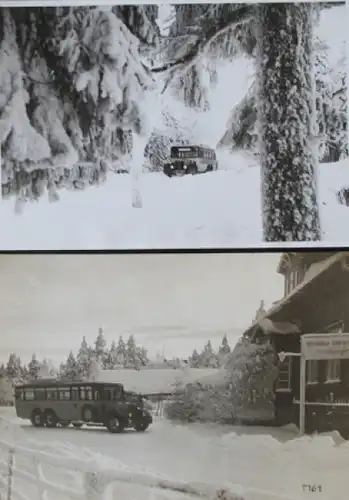 Büssing-NAG Bus Doppelachser im winterlichen Harz 1927 zwei Originalfotos (5828)