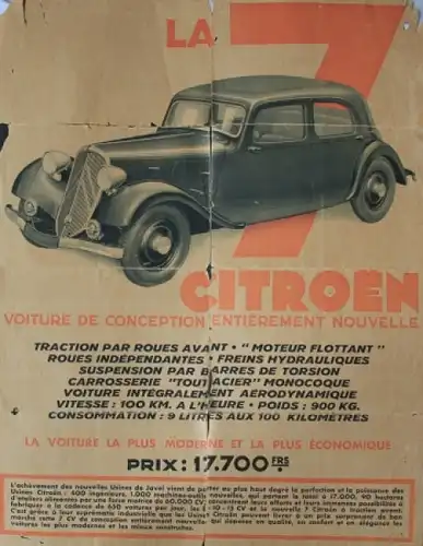 Citroen 7 CV Traction Avant Modellprogramm 1934 "La 7" Automobil-Plakatprospekt (6042)