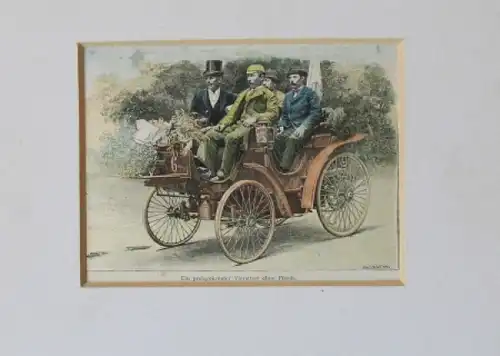 Benz Viersitzer 1897 ohne Pferde Originallithographie von H. Bellenger (6306)