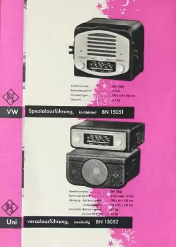 Volkswagen Käfer Zubehörprogramm 1950 "Ihr R-S Autoradio" Automobilprospekt (6609)