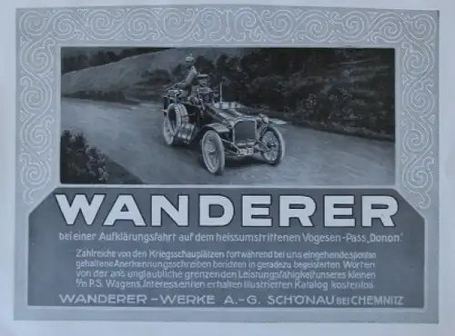 Wanderer Modellprogramm 1914 "Bei einer Aufklärungsfahrt in den Vogesen" Automobilprospekt (8743)