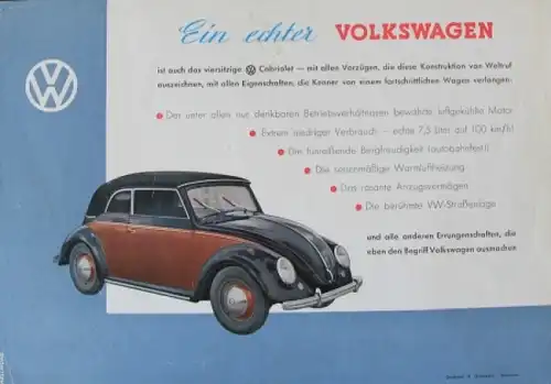 Volkswagen Käfer Cabriolet Modellprogramm 1949 Automobilprospekt (8844)