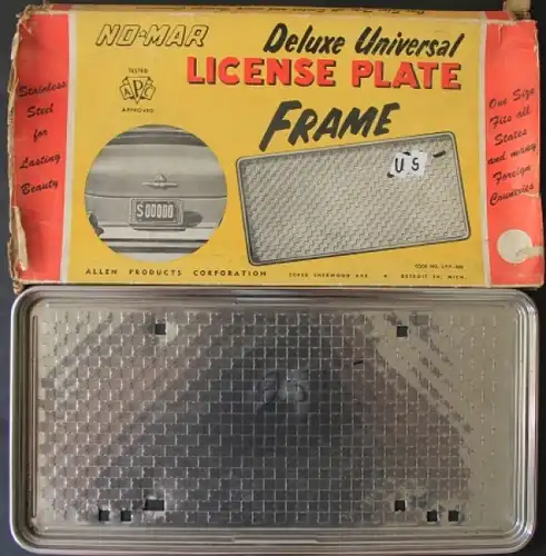 Allen-Products 1954 Nummernschild-Platte "No-Mar Deluxe Universal" in Originalbox Blech verchromt  (9925)