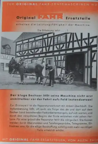 Fahr Modellprogramm 1943 "Gepflegte Maschinen - Zuverlässige Erntehelfer" Traktorprospekt (0674)