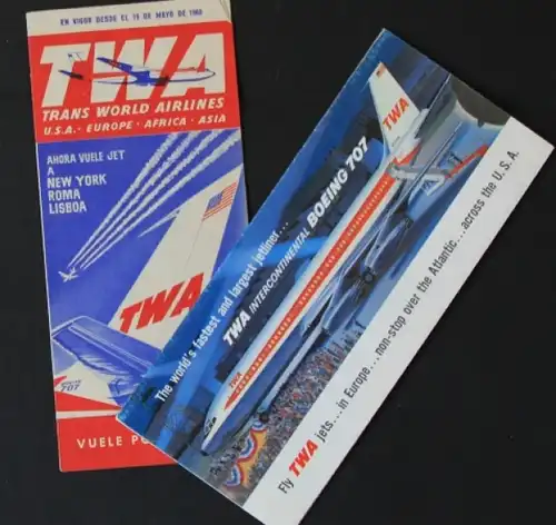 TWA Trans-World-Airlines Flugunterlagen und Boing 707-Prospekt 1960 (8773)