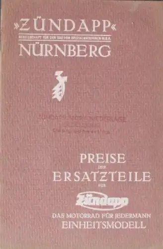 Zündapp Einheitsmodell 1928 Motorrad-Ersatzteilpreisliste (2073)