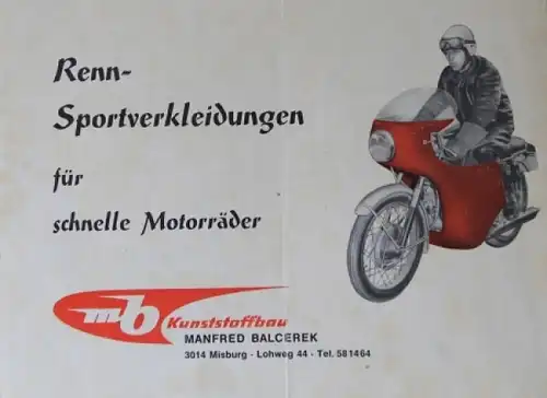 MB Kunststoffbau Zubehörprogramm 1960 "Rennsportverkleidungen für schnelle Motorräder" Motorradprospekt (3694)