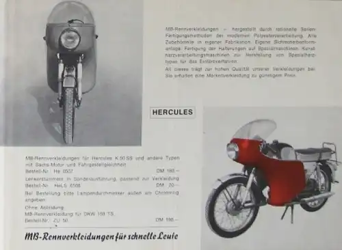MB Kunststoffbau Zubehörprogramm 1960 "Rennsportverkleidungen für schnelle Motorräder" Motorradprospekt (3694)