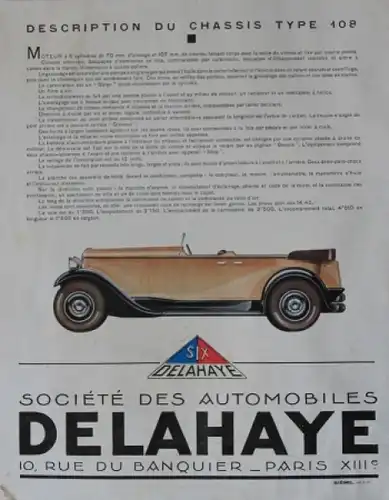 Delahaye Typ 108 14 C.V. Modellprogramm 1933 Automobilprospekt (5098)