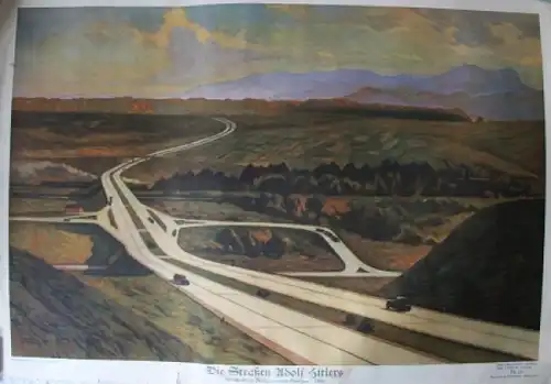 Autobahn Schulungsplakat 1937 "Reichsautobahn Stuttgart-Ulm" Zinner Aquarell (5285)