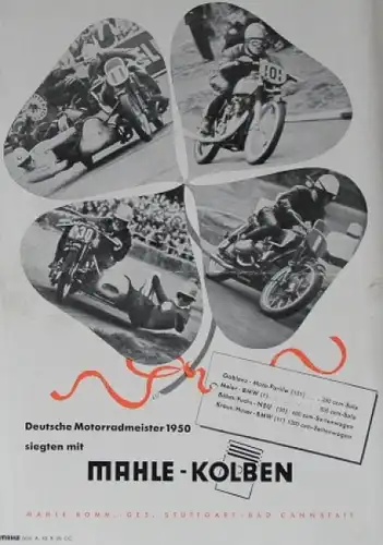 BMW Motorräder Modellprogramm 1950 "Siegen mit Mahle-Kolben" Motorradprospekt (5321)